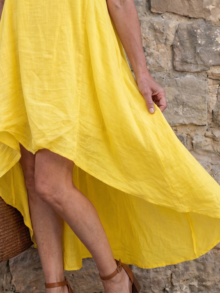 Grier | Flowing High Low Clean Neckline Midi Dress