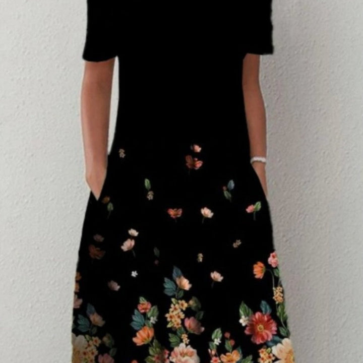 Floral Round Neck Pocket Midi Dress | Spring Summer Women'S Casual Feminine Gown, Modern Artistic Design, Layered Chic Look, Relaxed Everyday Style