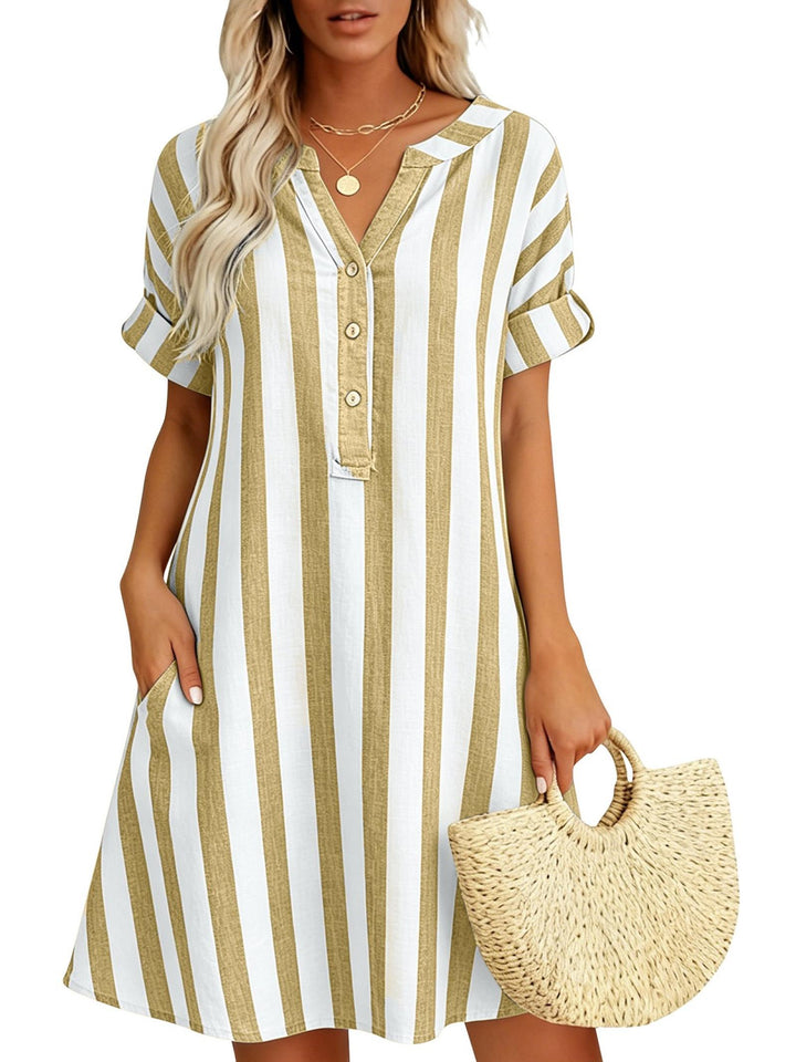 Andrea | Elegant Linen Striped Shirt Dress