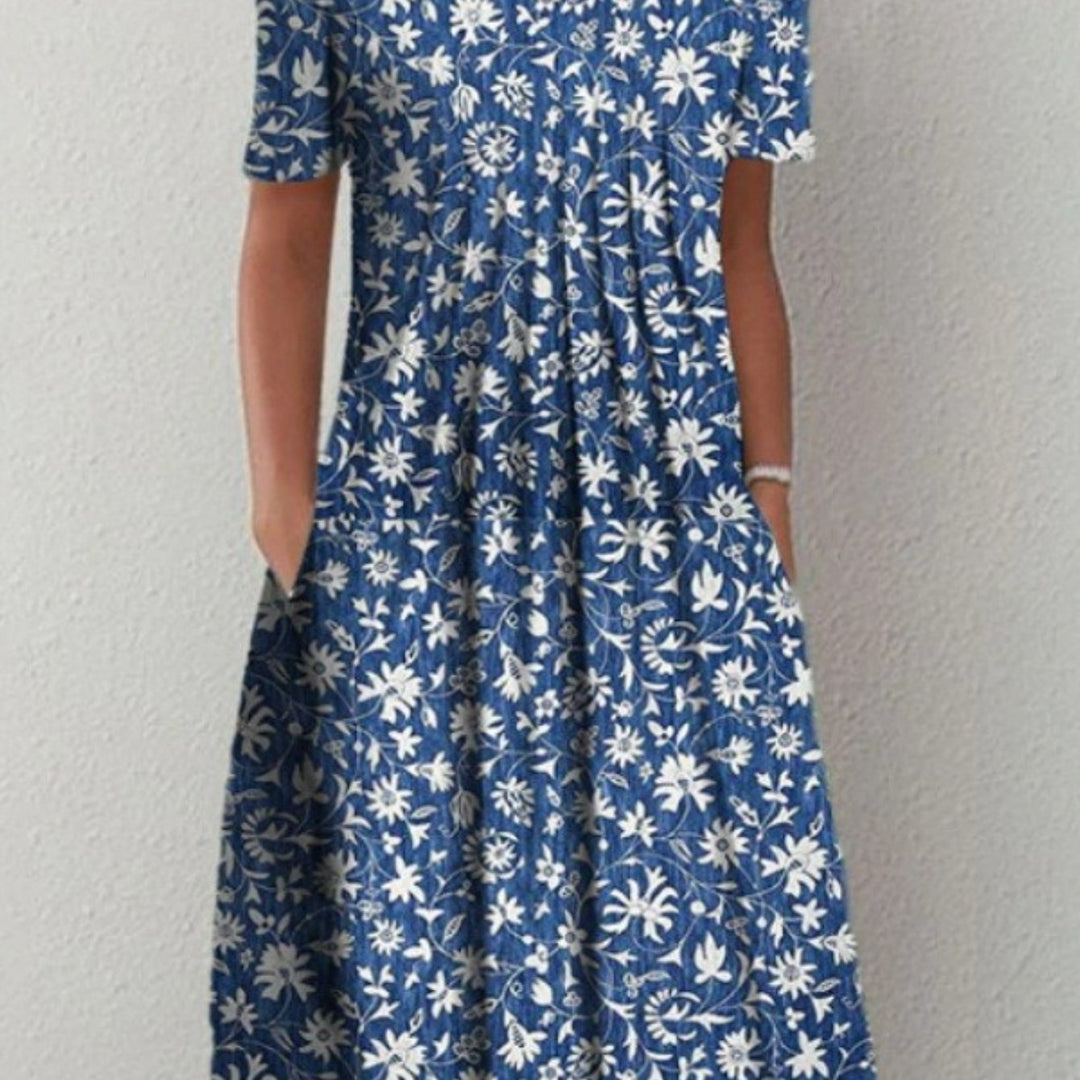 Floral Round Neck Pocket Midi Dress | Spring Summer Women'S Casual Feminine Gown, Modern Artistic Design, Layered Chic Look, Relaxed Everyday Style