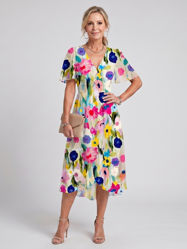 Mirabel | Flutter Sleeve Gathered Waist Floral Print Midi Dress
