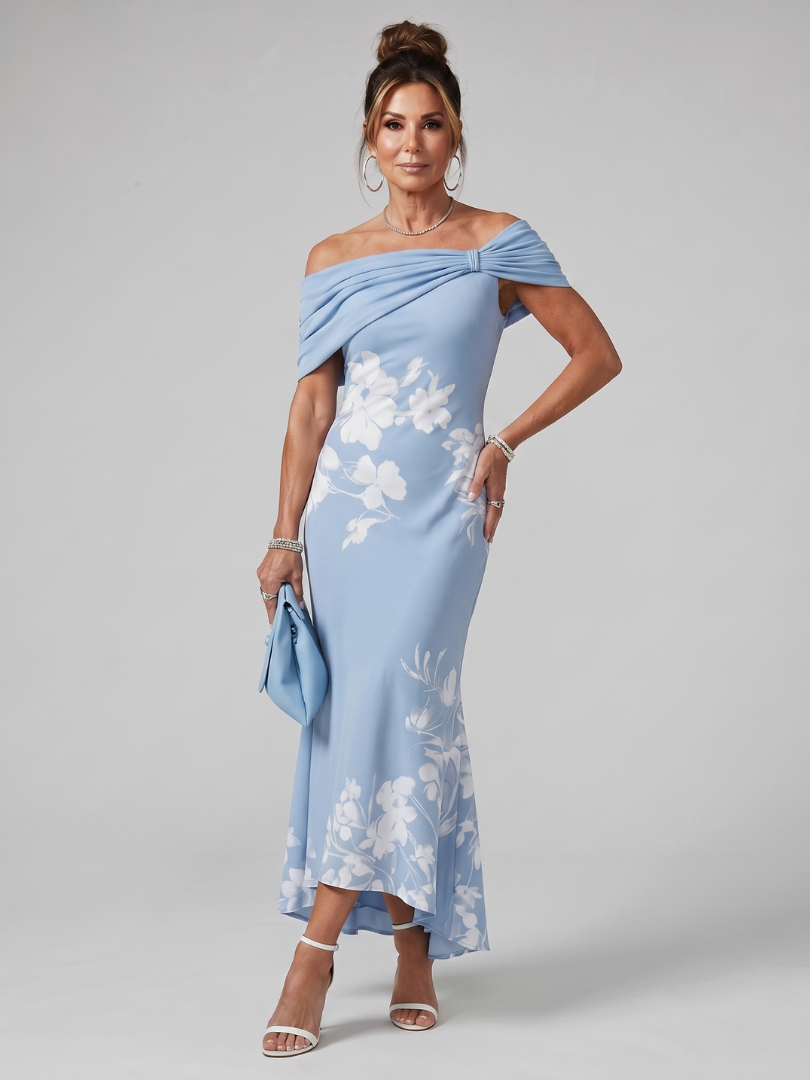 Cosma | Off Shoulder Draped Neckline Midi Dress