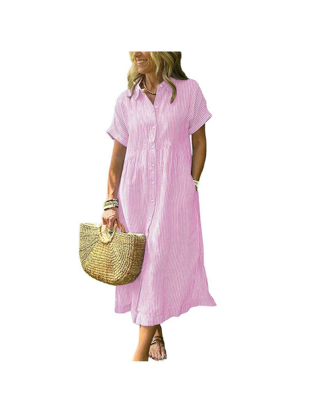 Amelia | Relaxed Midi Striped Dress with Bohemian Side Slits And Pockets