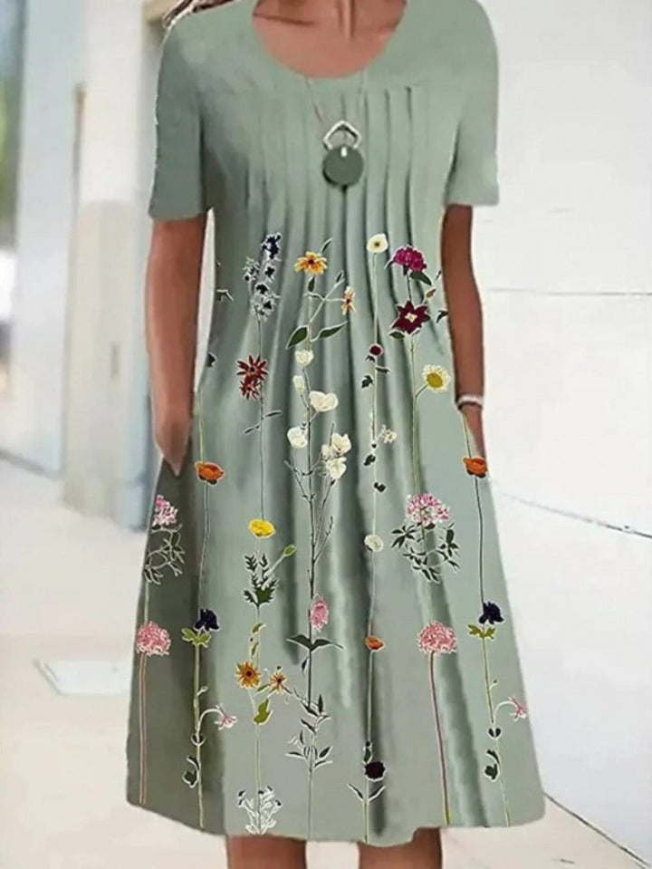 Floral Round Neck Pocket Midi Dress | Spring Summer Women'S Casual Feminine Gown, Modern Artistic Design, Layered Chic Look, Relaxed Everyday Style