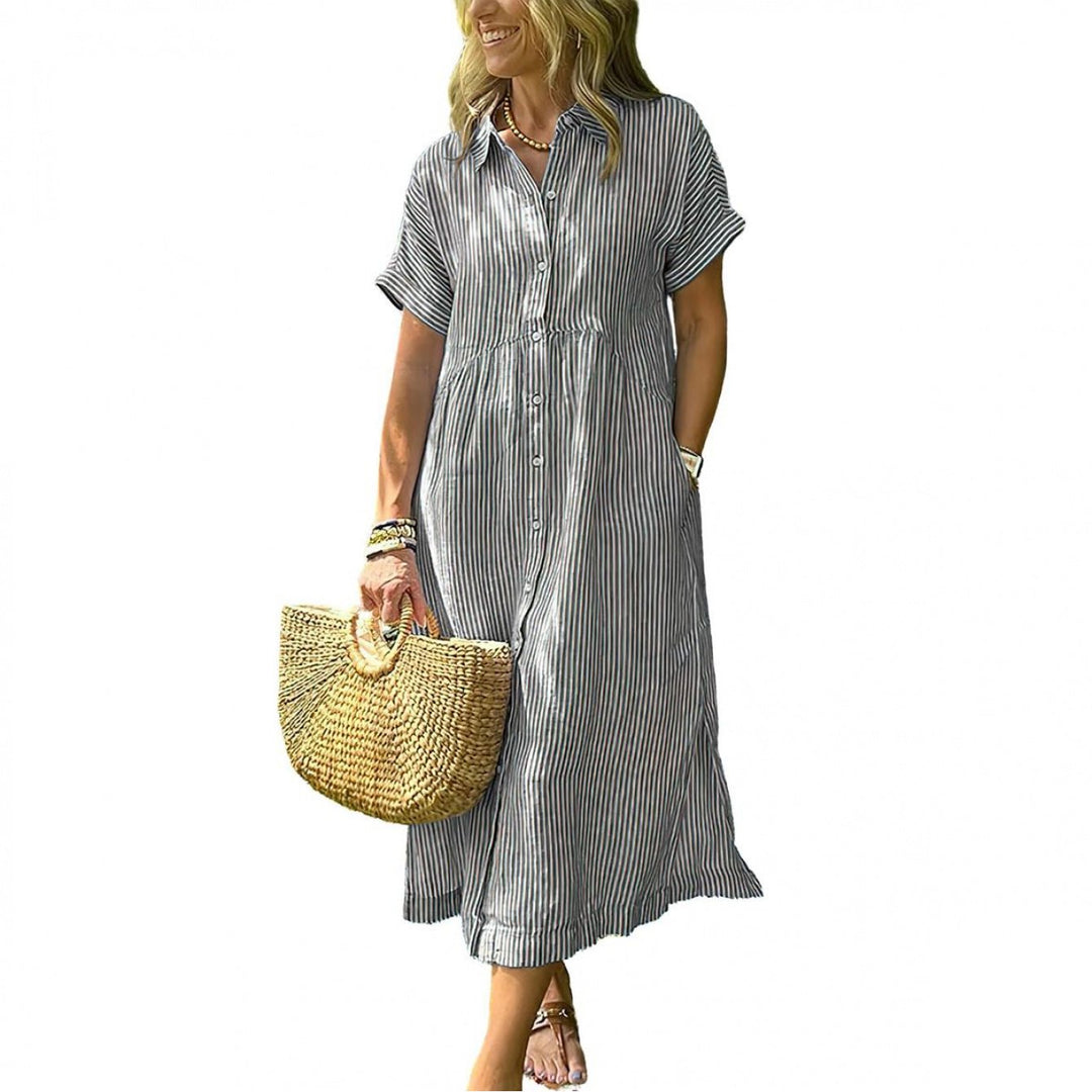 Amelia | Relaxed Midi Striped Dress with Bohemian Side Slits And Pockets