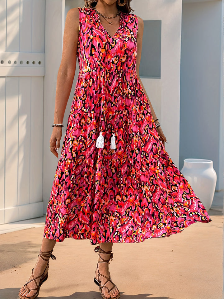 Jennifer | Sleeveless Bohemian Style Fringed Tie-Up Printed Dress