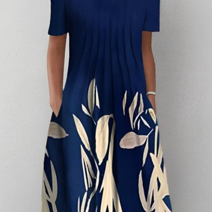 Floral Round Neck Pocket Midi Dress | Spring Summer Women'S Casual Feminine Gown, Modern Artistic Design, Layered Chic Look, Relaxed Everyday Style