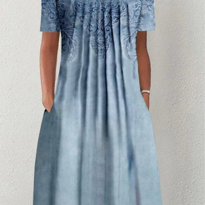 Floral Round Neck Pocket Midi Dress | Spring Summer Women'S Casual Feminine Gown, Modern Artistic Design, Layered Chic Look, Relaxed Everyday Style