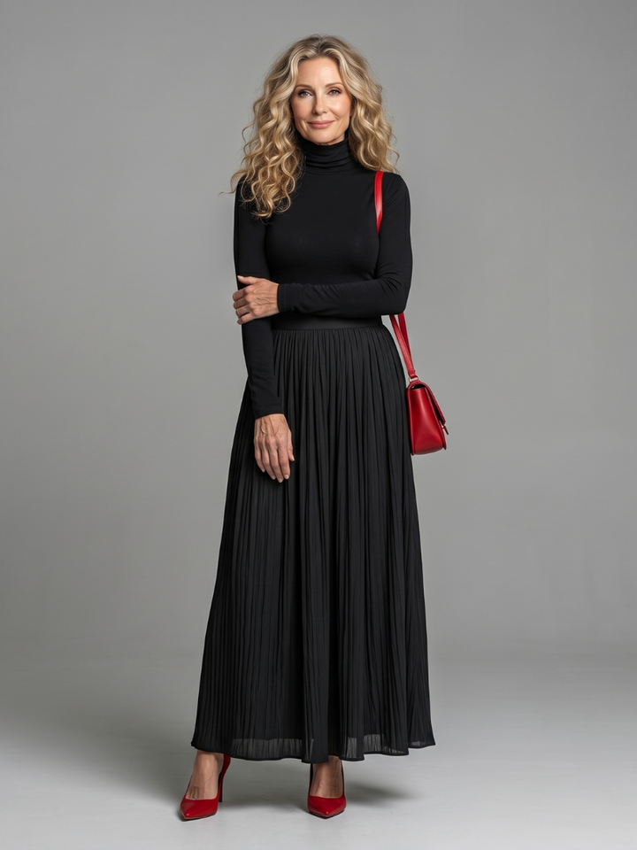 Lana | Long Sleeve Turtleneck Defined Waist Midi Dress