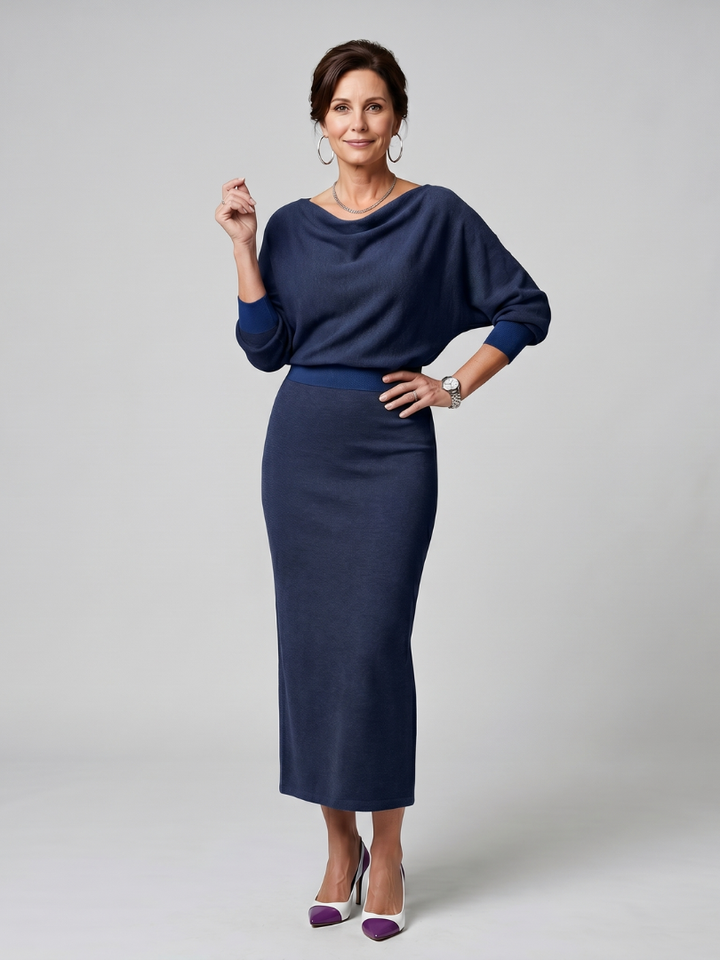 Romy | Draped Neckline Fitted Skirt Midi Dress