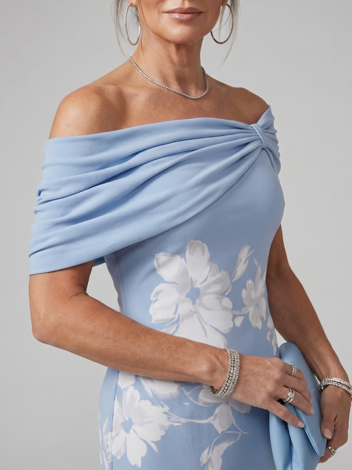 Cosma | Off Shoulder Draped Neckline Midi Dress