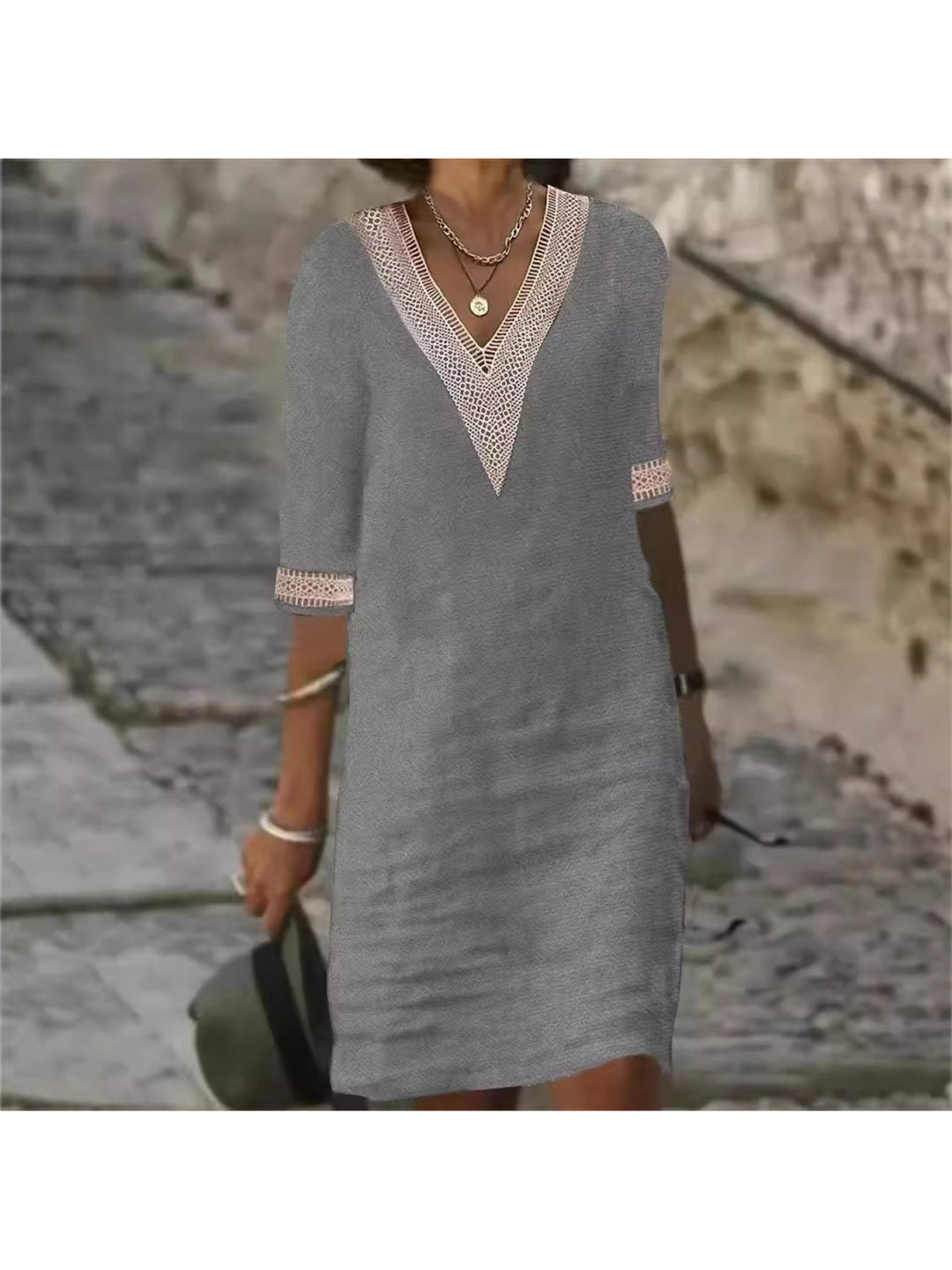Angelica | Linen-blend Color V-Neck with Lace Trim