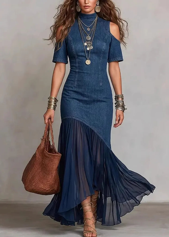 Lilibeth | Chic Cold Shoulder Tulle Patchwork Denim Dress