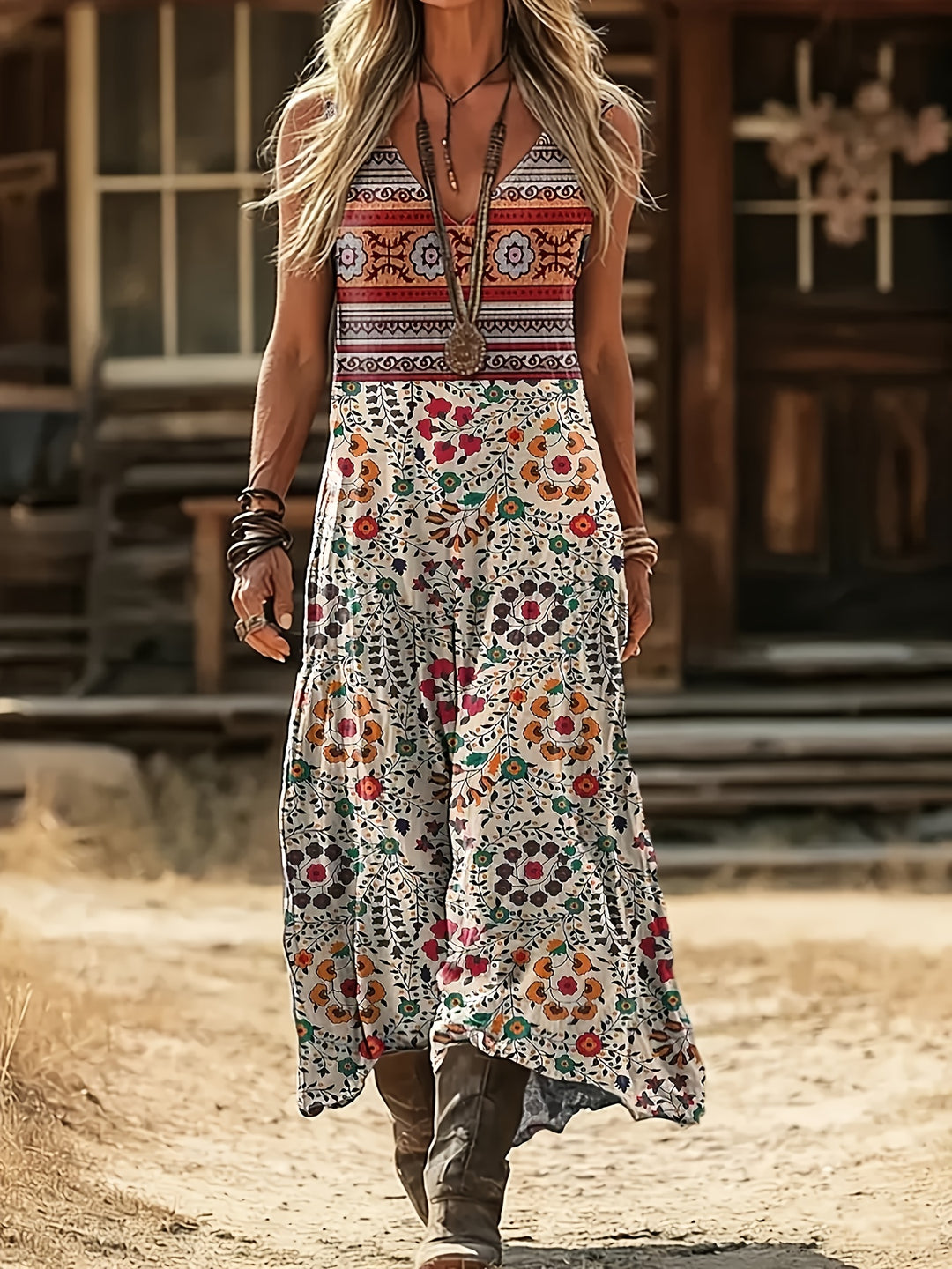 Bria - Sleeveless Boho Print Dress