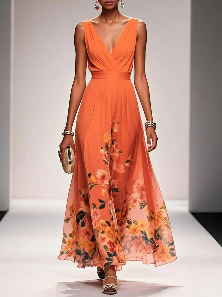 Rose | Light Blue Floral Chiffon V-Neck Maxi Dress