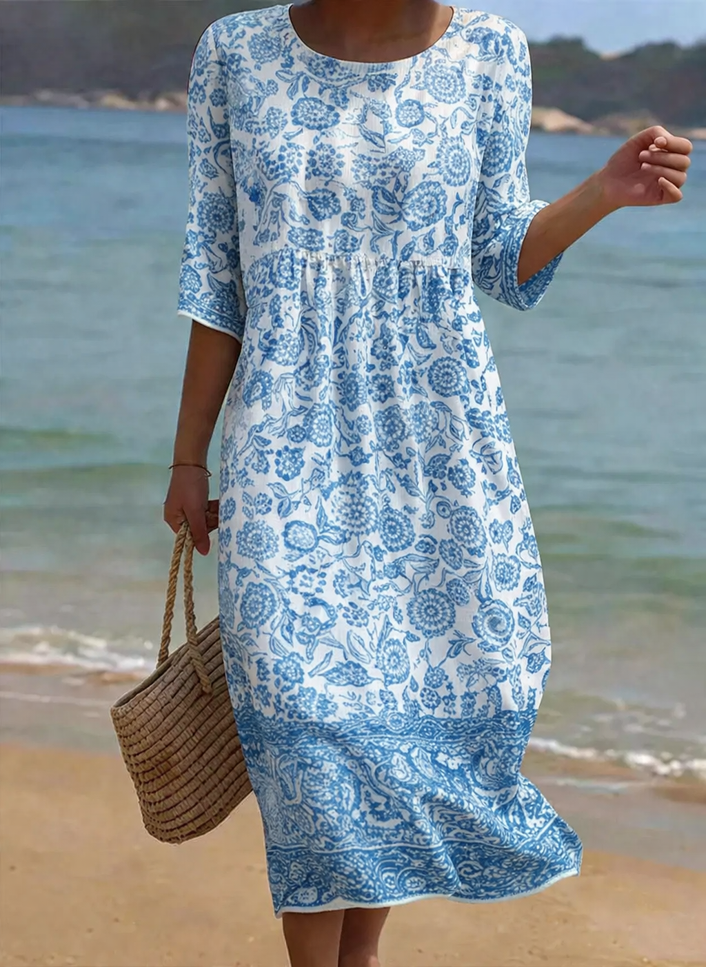Blue | Elegant Floral Pattern Dress