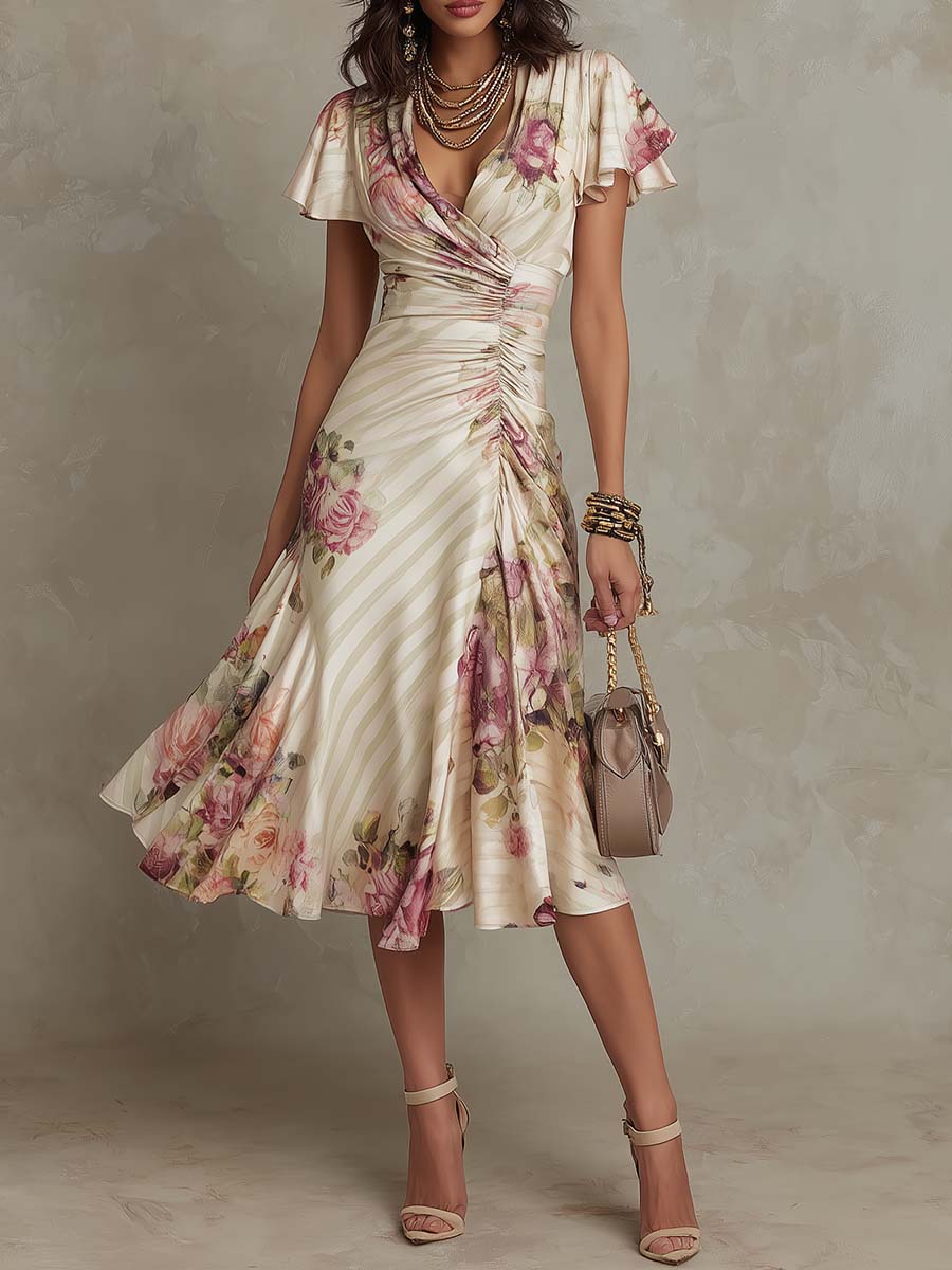 Margaret | Vintage Floral Satin Midi Dress