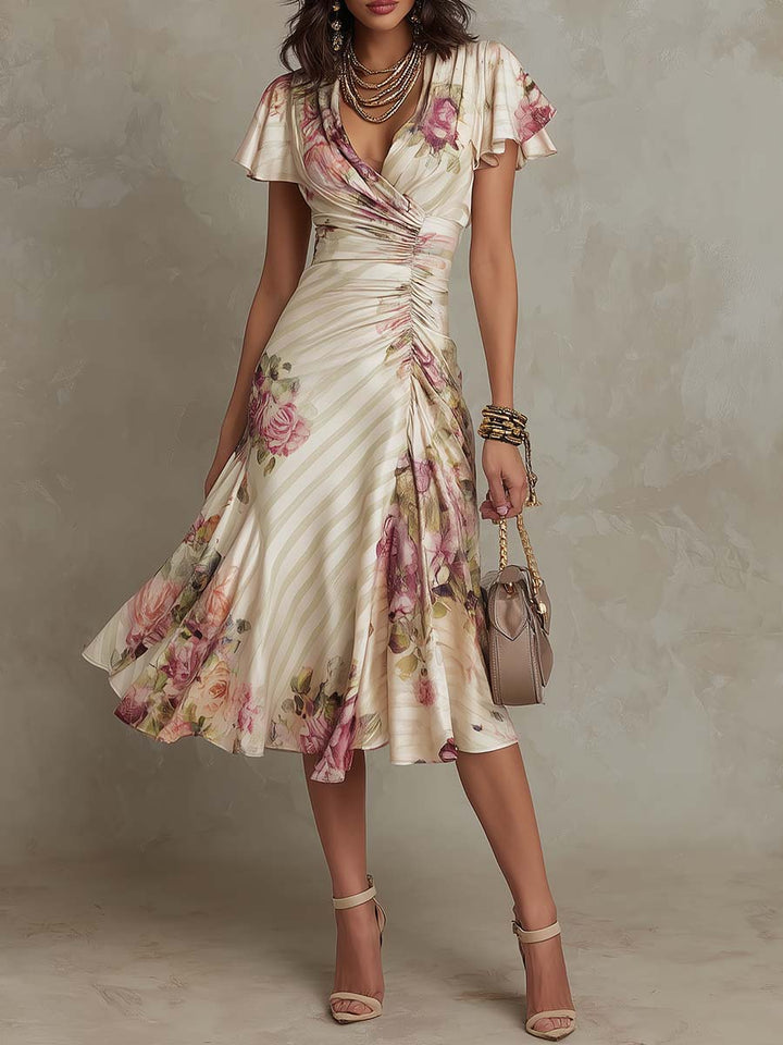 Margaret | Vintage Floral Satin Midi Dress
