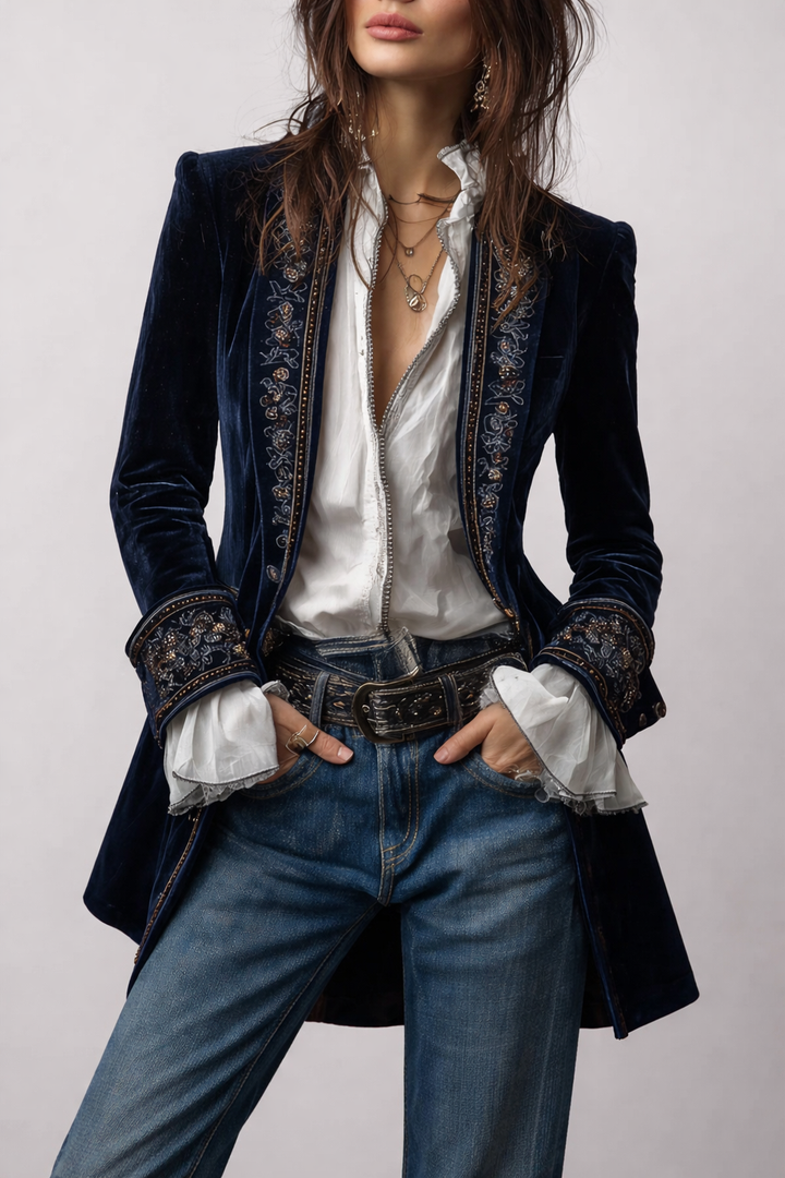 Benita | Long Vintage Velvet Jacket with Embroidery