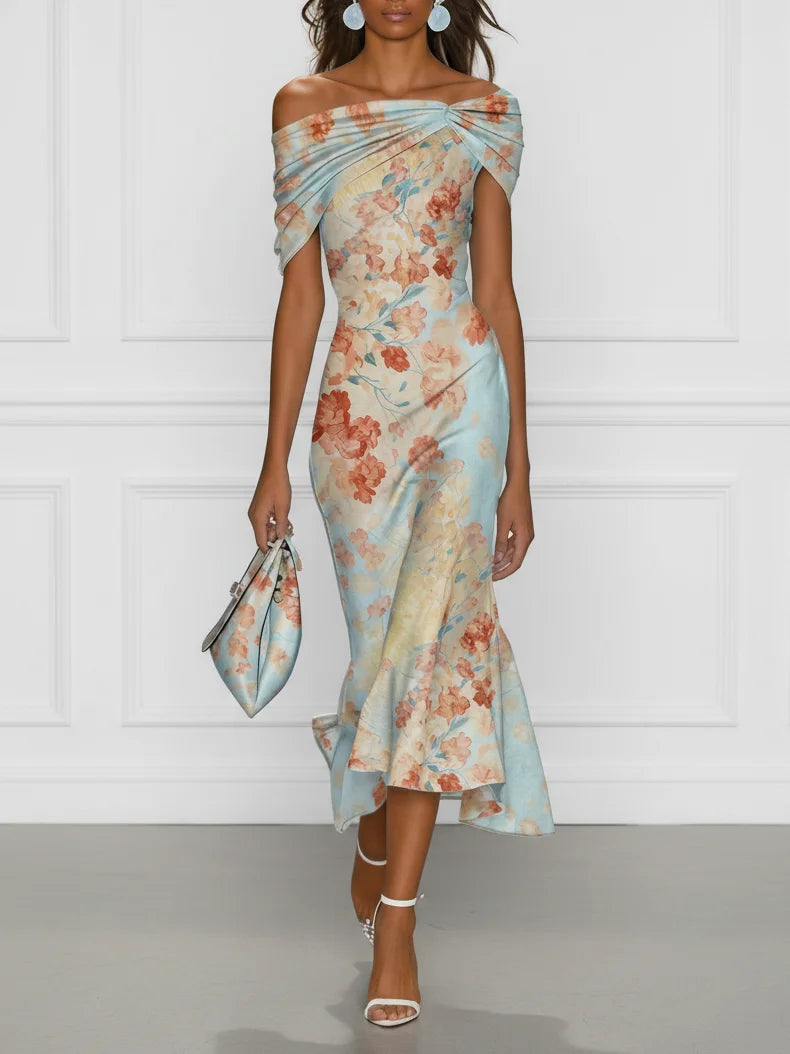 Vittoria - Midi Mermaid Dress Without Sleeves with Off-Shoulder and Blue Floral Pattern