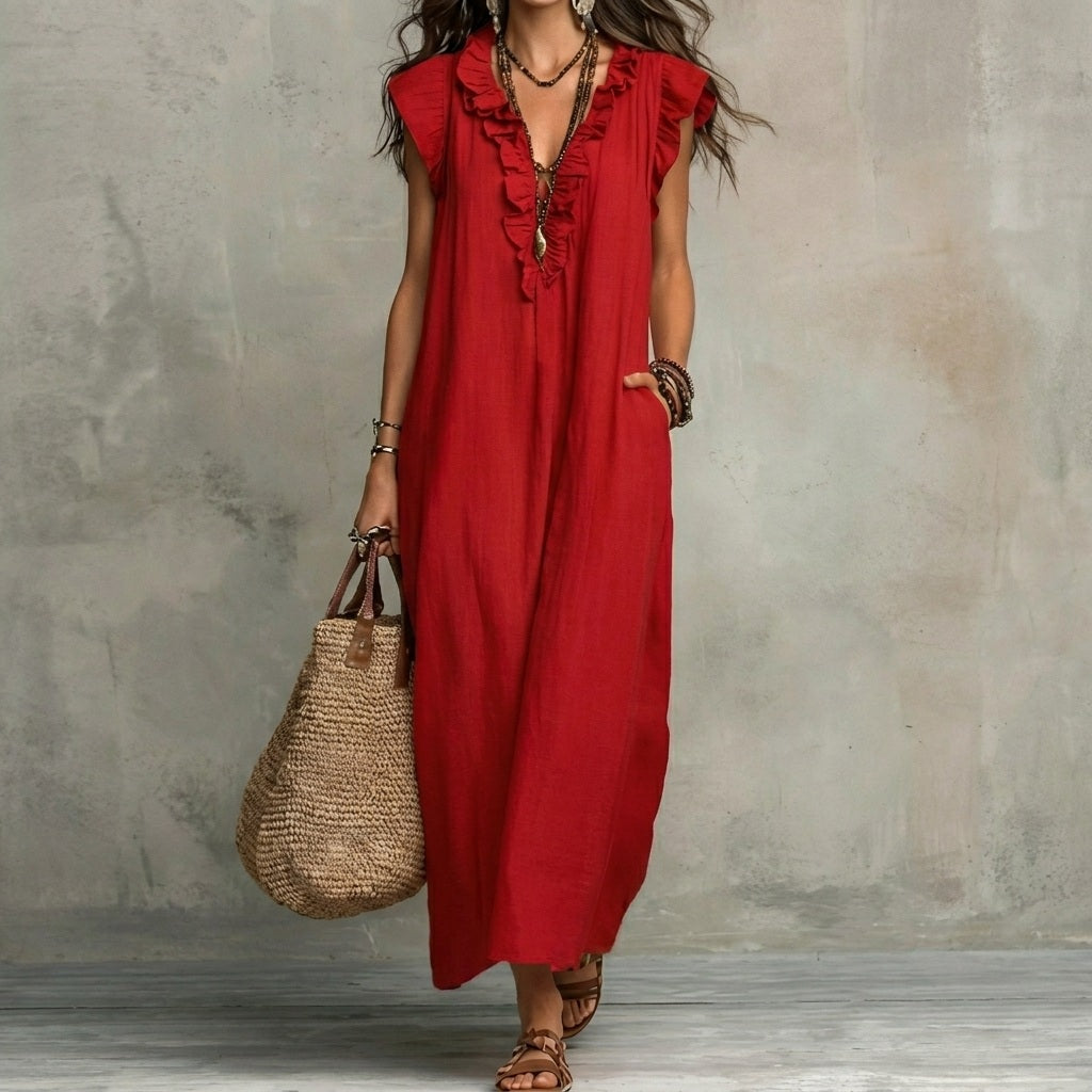Josefina™  | Long Linen-Texture Dress with V-Neck and Ruffle Details