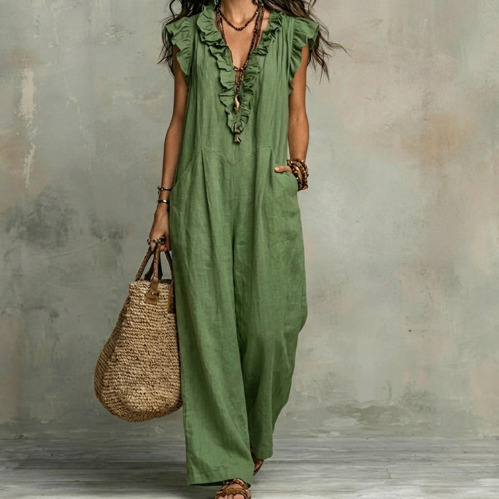 Josefina™  | Long Linen-Texture Dress with V-Neck and Ruffle Details