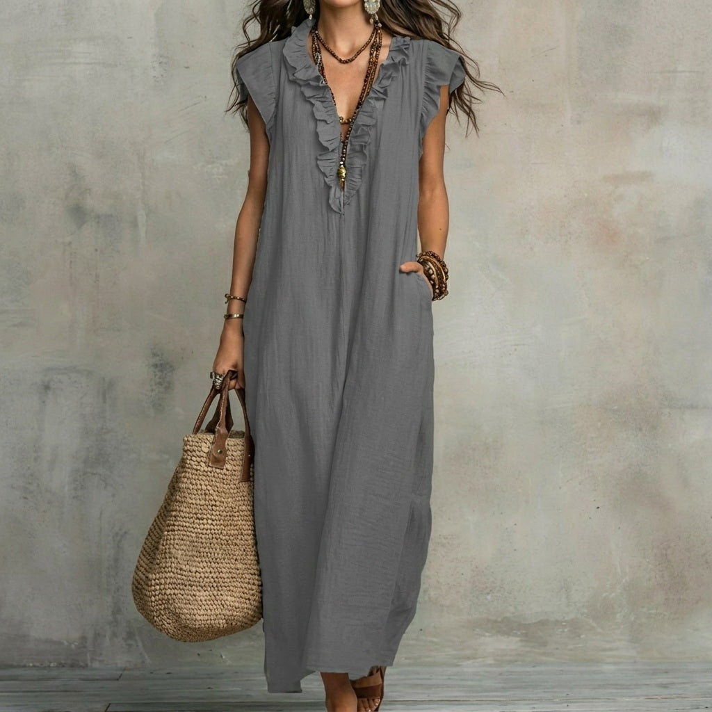 Josefina™  | Long Linen-Texture Dress with V-Neck and Ruffle Details