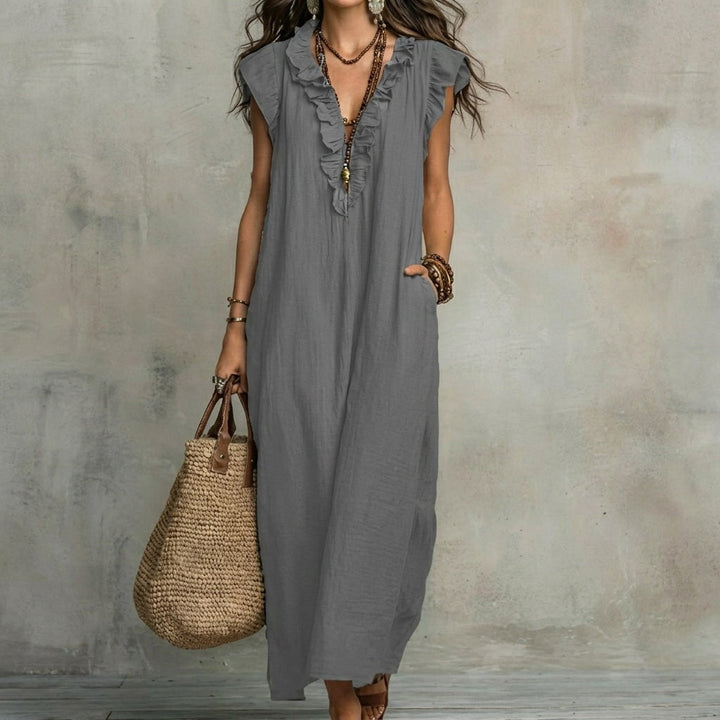 Josefina™  | Long Linen-Texture Dress with V-Neck and Ruffle Details