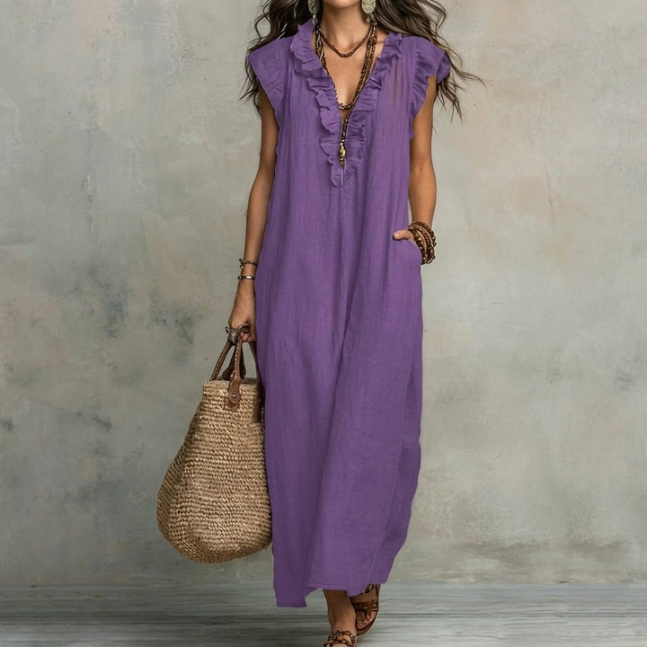 Josefina™  | Long Linen-Texture Dress with V-Neck and Ruffle Details