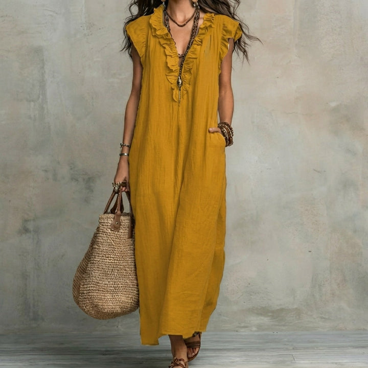 Josefina™  | Long Linen-Texture Dress with V-Neck and Ruffle Details