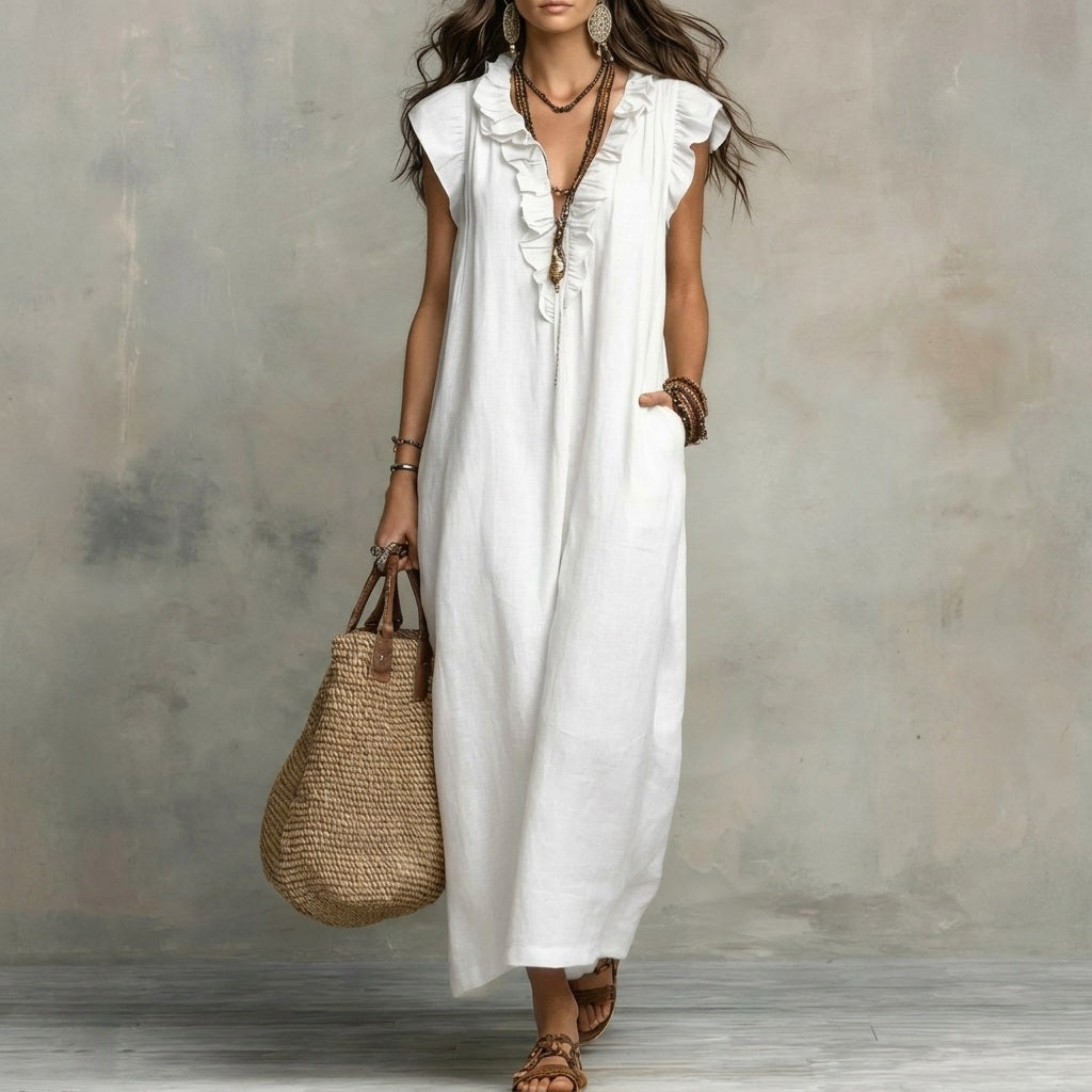 Josefina™  | Long Linen-Texture Dress with V-Neck and Ruffle Details