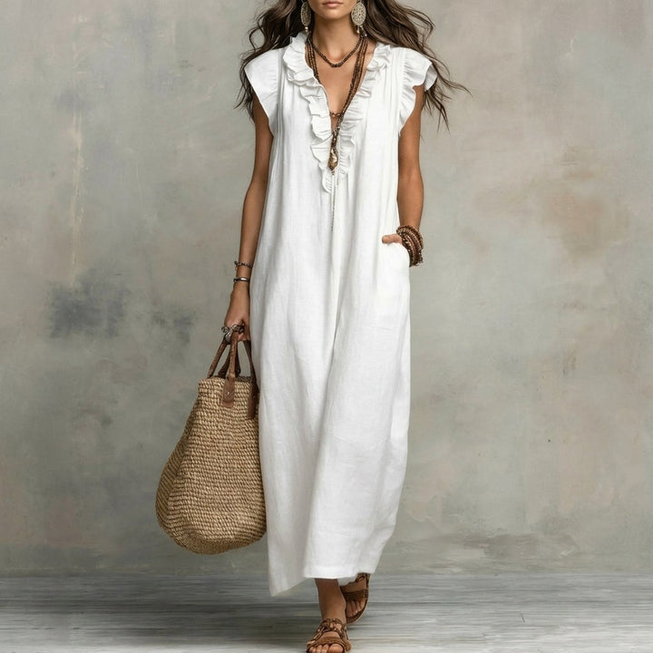 Josefina™  | Long Linen-Texture Dress with V-Neck and Ruffle Details