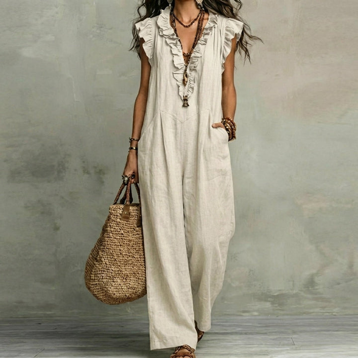 Josefina™  | Long Linen-Texture Dress with V-Neck and Ruffle Details