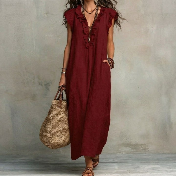 Josefina™  | Long Linen-Texture Dress with V-Neck and Ruffle Details