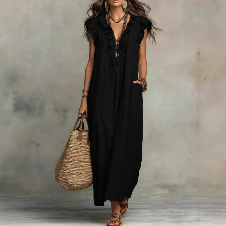 Josefina™  | Long Linen-Texture Dress with V-Neck and Ruffle Details