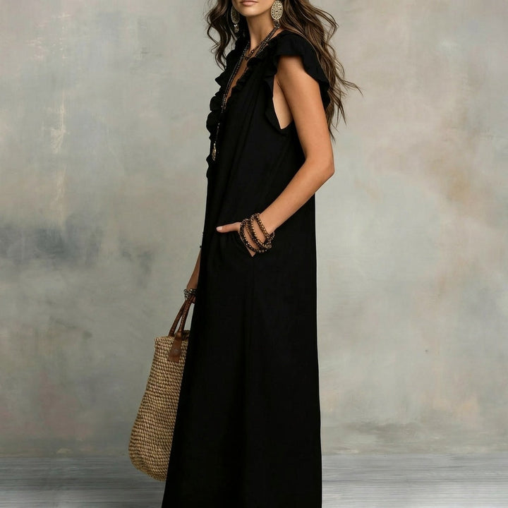 Josefina™  | Long Linen-Texture Dress with V-Neck and Ruffle Details
