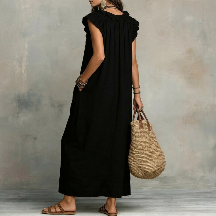Josefina™  | Long Linen-Texture Dress with V-Neck and Ruffle Details