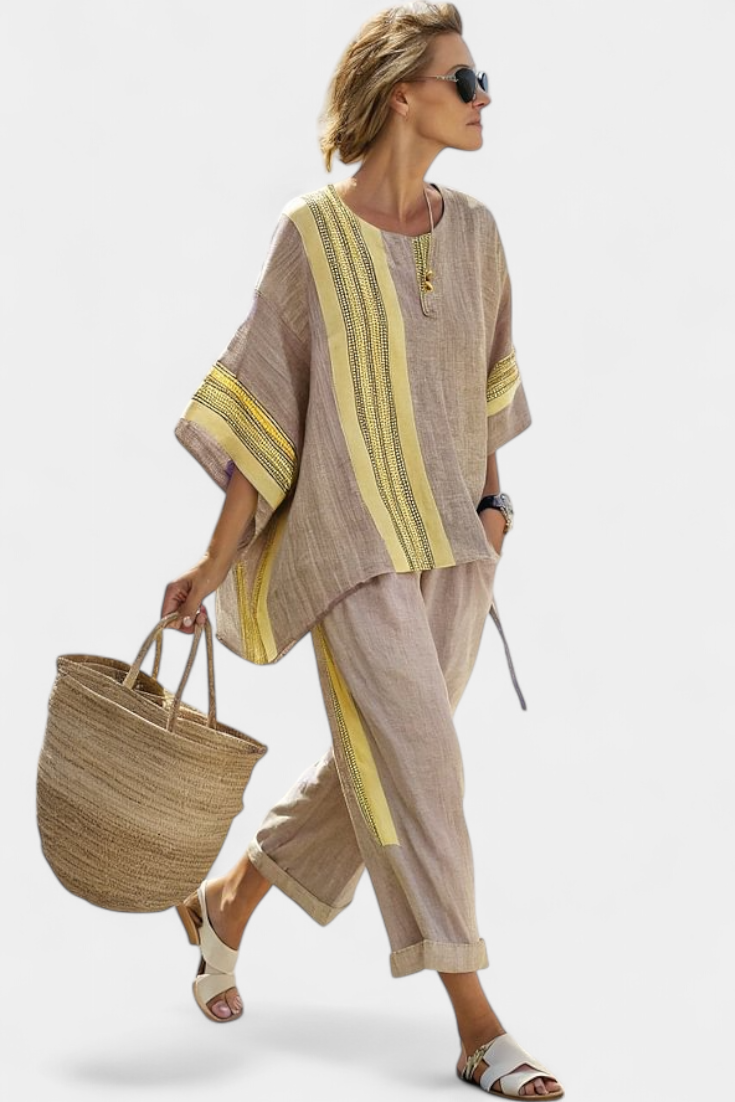 Elowric | Elegant Lavender Top & Mustard Striped Pants