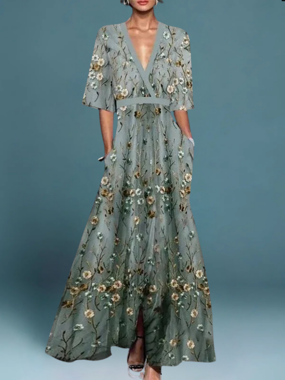 Hazel | Elegant V-Neck Belted Boho Dress