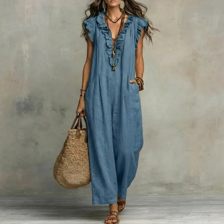 Josefina™  | Long Linen-Texture Dress with V-Neck and Ruffle Details