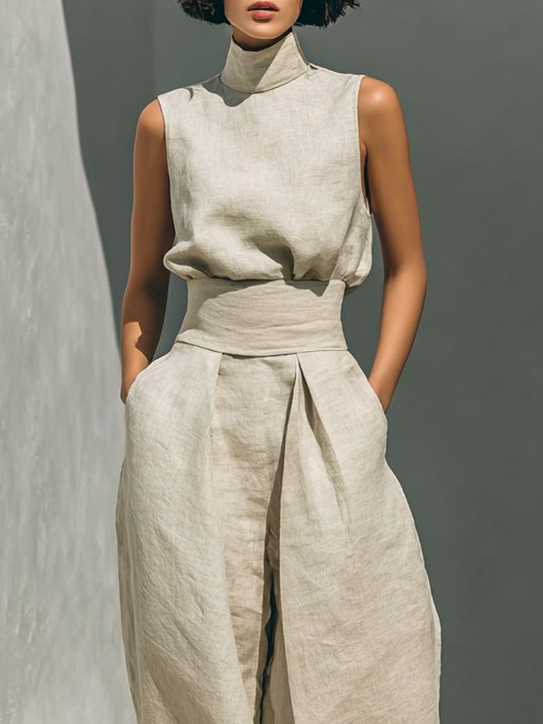 Aurora | Set consisting of a sleeveless beige top and wide-leg pants