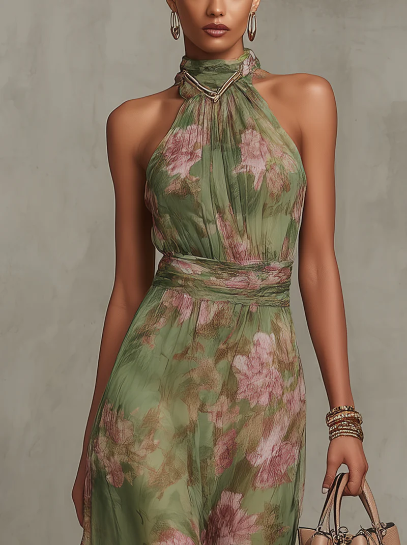 Florence | Green Floral Chiffon Halter Maxi Dress
