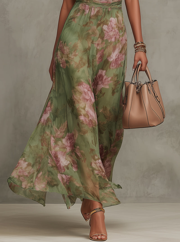 Florence | Green Floral Chiffon Halter Maxi Dress