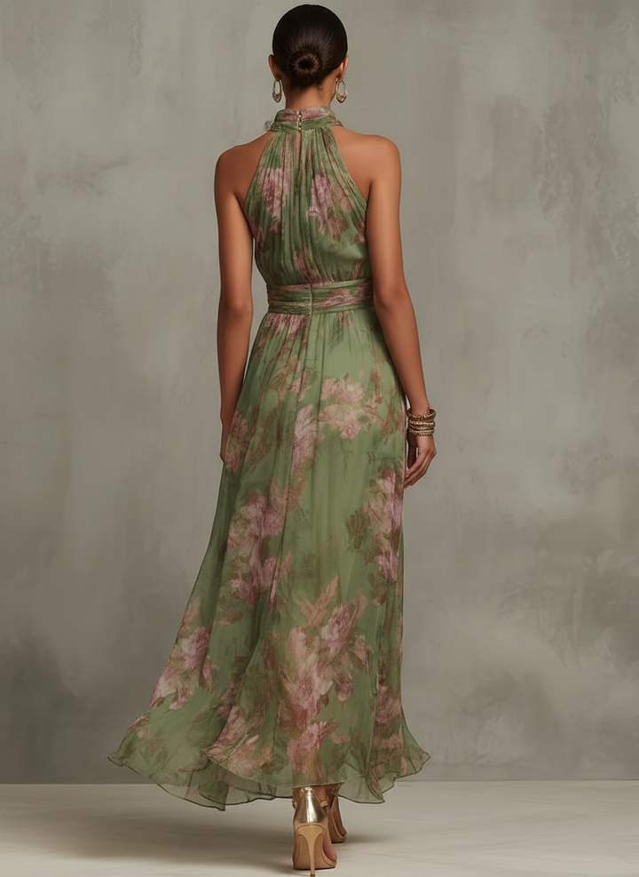 Florence | Green Floral Chiffon Halter Maxi Dress