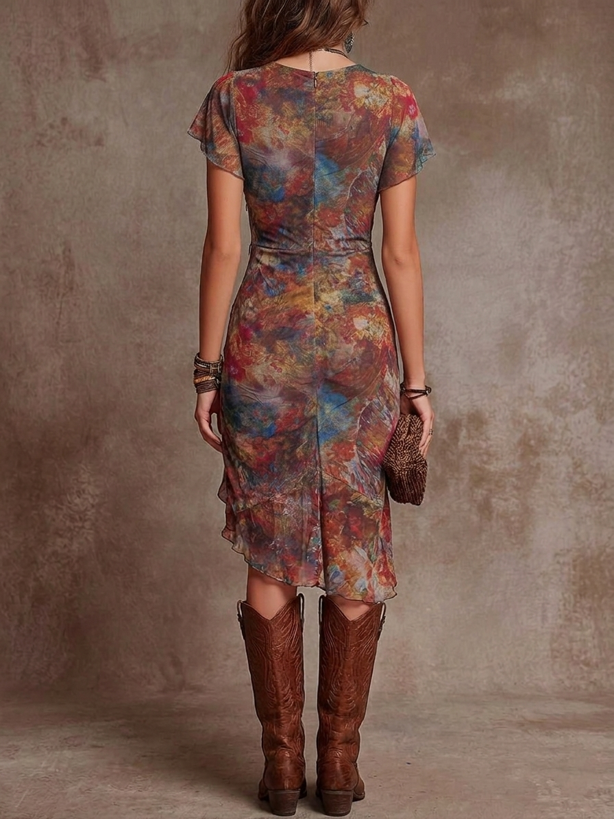 Martina - Midi Pleated Dress with V-Neck, Abstract Art Print in Bohemian Style