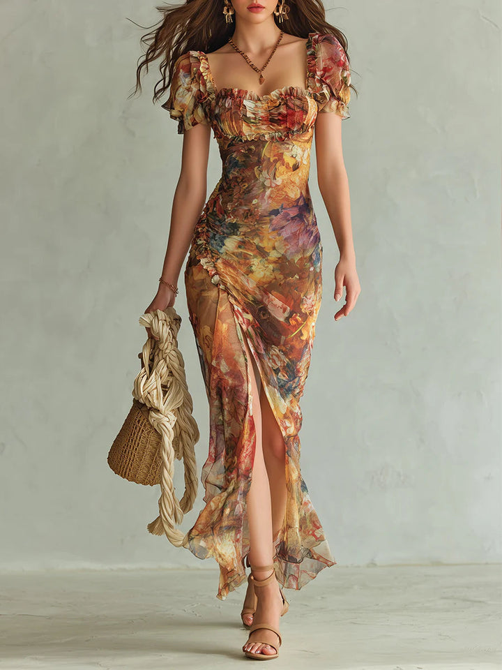 Viola | Long orange chiffon dress with bohemian-style oil painting print