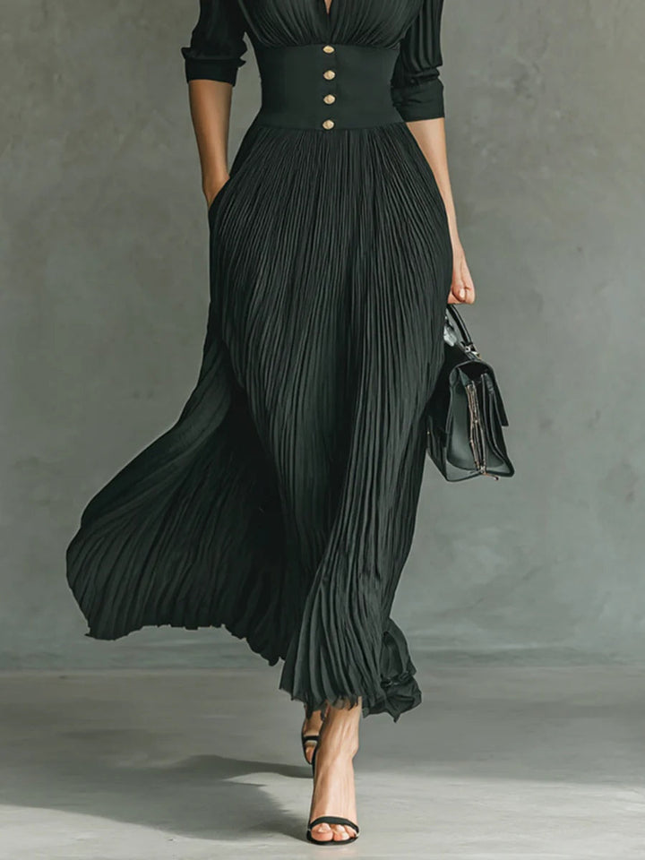 Elegant Pleated Lapel Maxi Dress