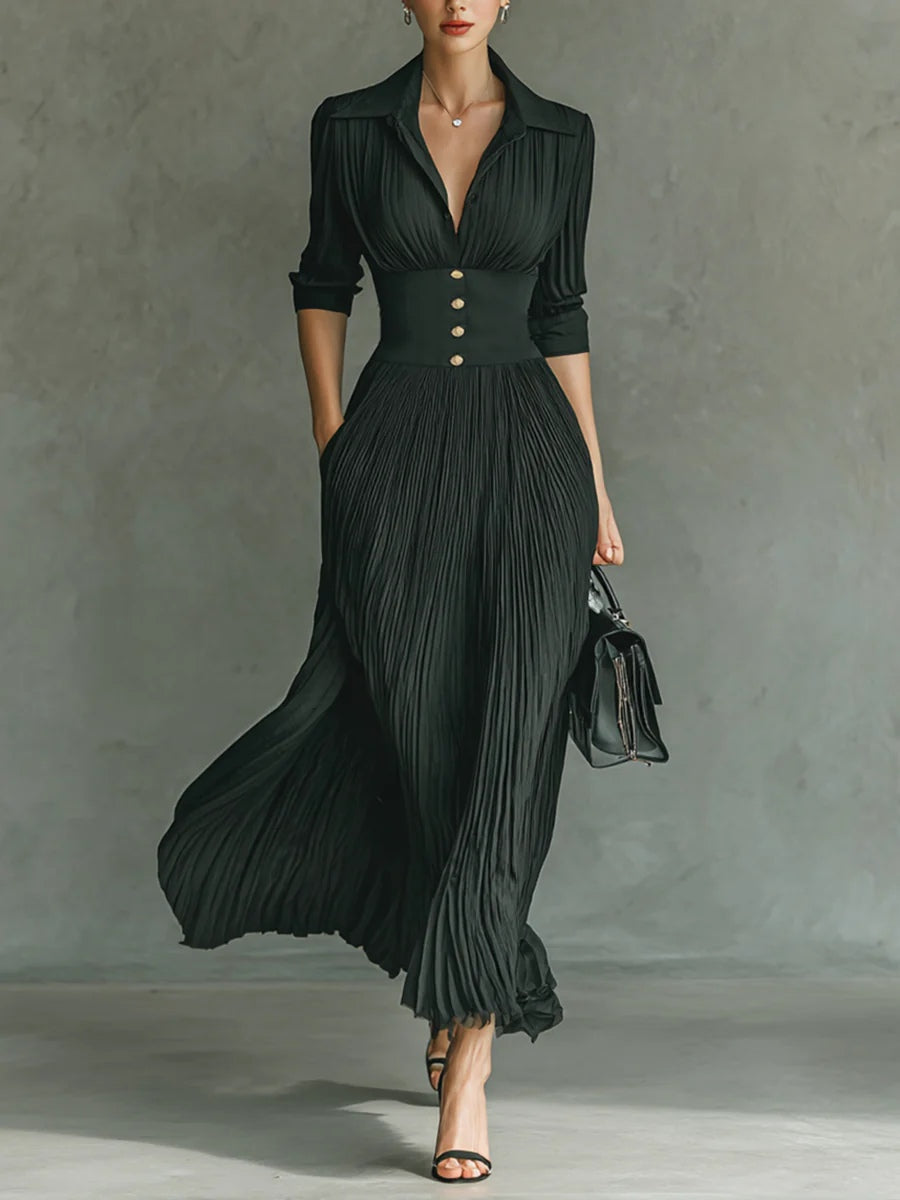 Elegant Pleated Lapel Maxi Dress