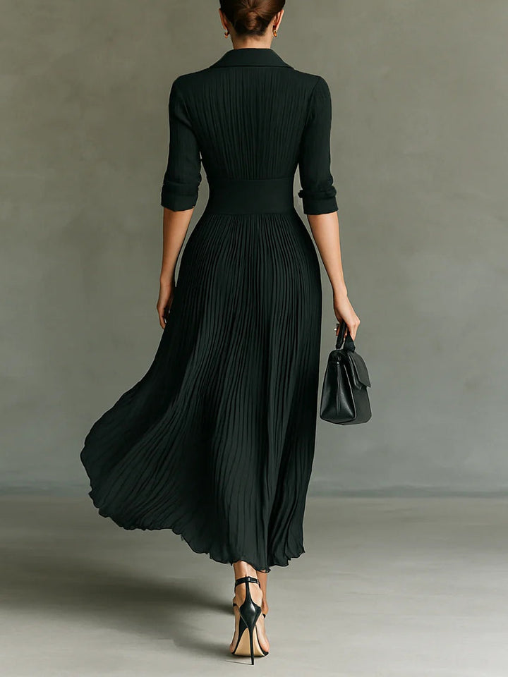 Elegant Pleated Lapel Maxi Dress