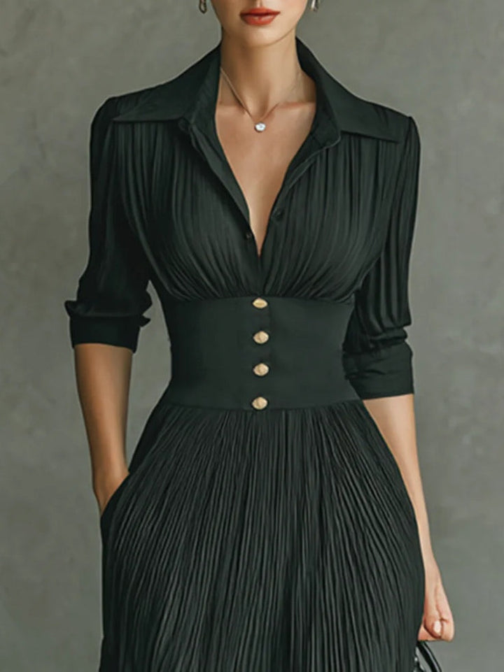 Elegant Pleated Lapel Maxi Dress